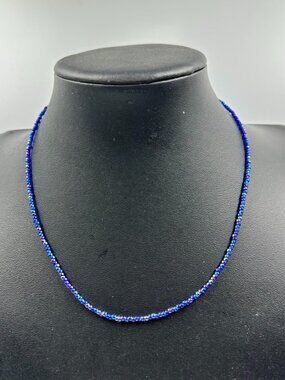 Emily Ray Beaded Necklace Blue Iridescent Seed Beads Sterling Silver Clasp